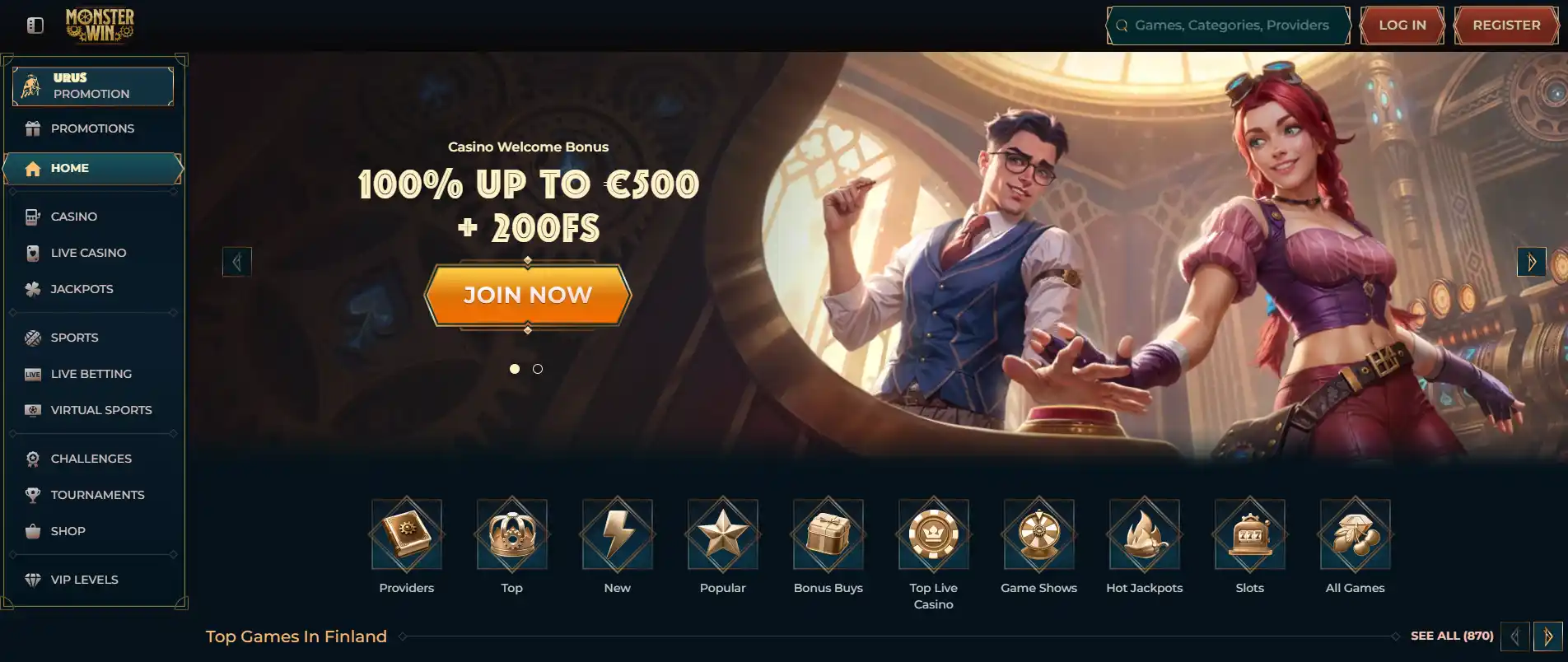 Current Monsterwin homepage interface with brand navigation
