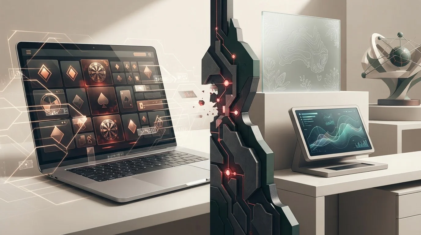 Editorial illustration contrasting online casino access with Australian regulatory blocking