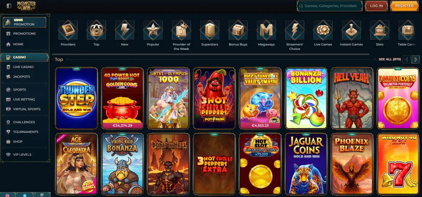 Current Monsterwin game lobby with casino categories